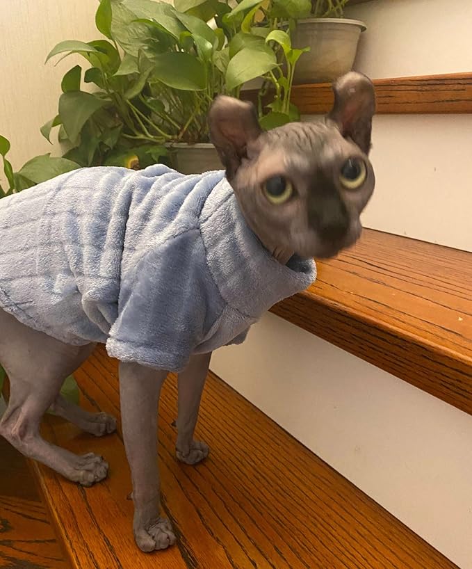 Turtleneck Sweater for Sphynx Cat Soft Coral Fleece Cat Clothes Thick Winter Warm Outfit Coat for Hairless Cats and Small Dogs Apparel with Sleeves (Blue, XL (9-13 lbs))
