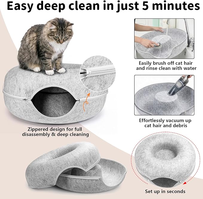 Cat Cave Bed Tunnel Donut – Peekaboo Felt Hideaway for Indoor Large Cats up to 45 lb – Detachable Washable Scratch-Resistant – Multi-Cat & Kittens, Grey