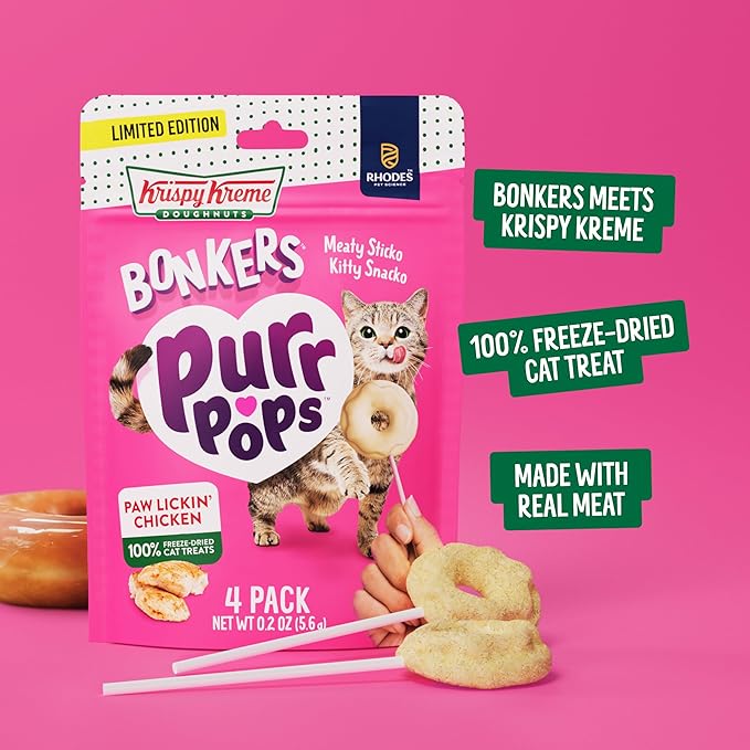 Bonkers Purrpops Krispy Kreme Limited-Edition Freeze-Dried Chicken Flavored Lollipop Cat Treats, 4 Pieces (Pack of 12)