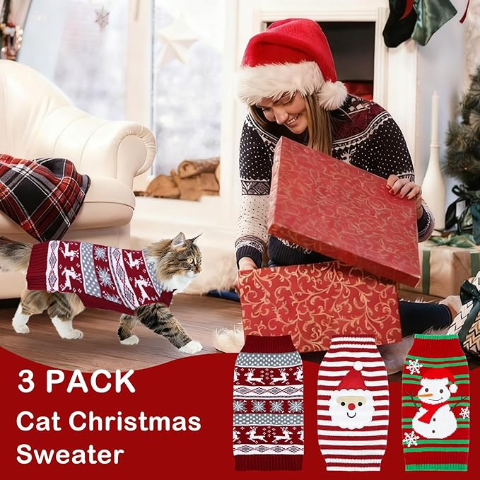 GOYOSWA 3 Pack Cat Christmas Sweater, Knit Pet Cat Sweaters Warm Coat Clothes Santa Reindeer Snowman Christmas Sweater Outfit for Cats Kitten Puppy L