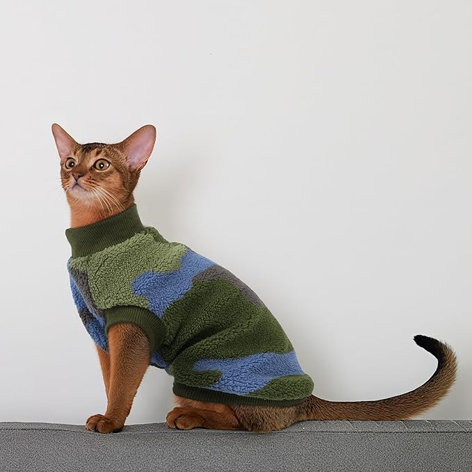 PUMYPOREITY Winter Warm Cat Sweater - Super Soft & Elastic Knit with Plush Fleece, Easy-On Design with Ribbed Neck & Cuffs, Stretchy Cat Outfit for Indoor/Outdoor Use,Green, L