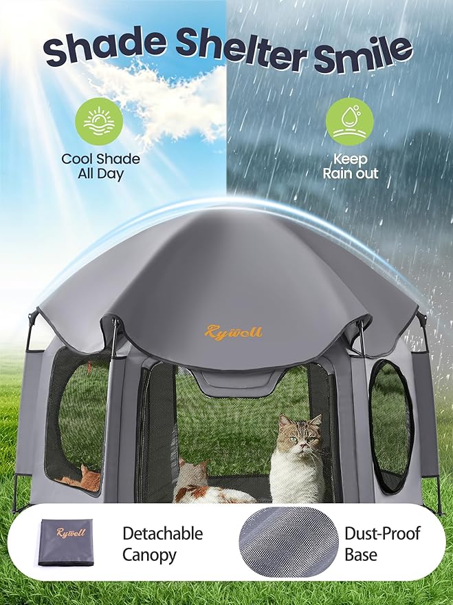 Catio Outdoor Cat Enclosure, Rywell 55” Extra Large Catio Pop Up Indoor Outdoor, Portable Cat Playpen Weatherproof with Removable Sunshade, Easy Setup Pet Enclosure for Cats Dogs