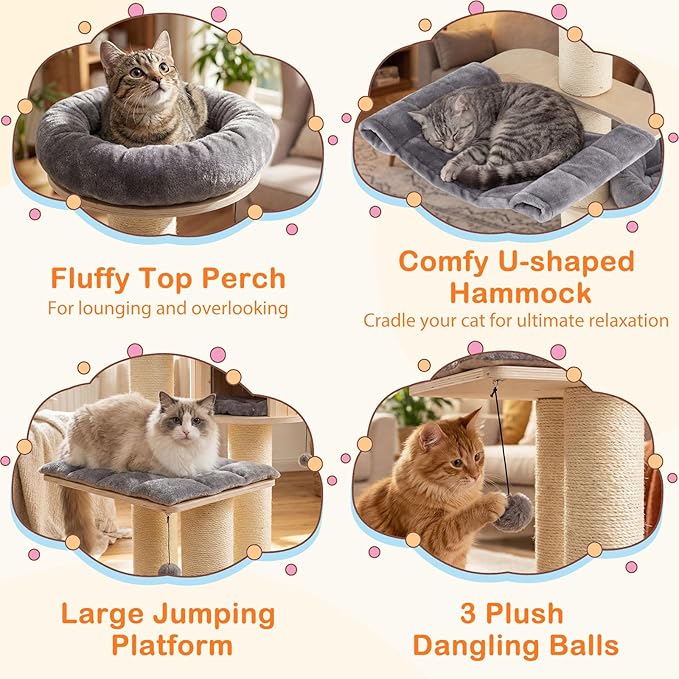 Tangkula Modern Cat Tree, Multi-Level Large Cat Tower with Condo, Hammocks & Hanging Basket, Tall Cat Tree with Sisal Posts, Washable Cushions, Wood Cat Trees and Towers for Indoor Large Cats