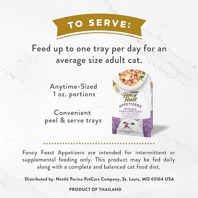 Fancy Feast Purina Appetizers Lickable Grain Free Wet Cat Food Topper Skipjack Tuna Appetizer with Sole - 1.1 oz. Trays,(Pack of 20)