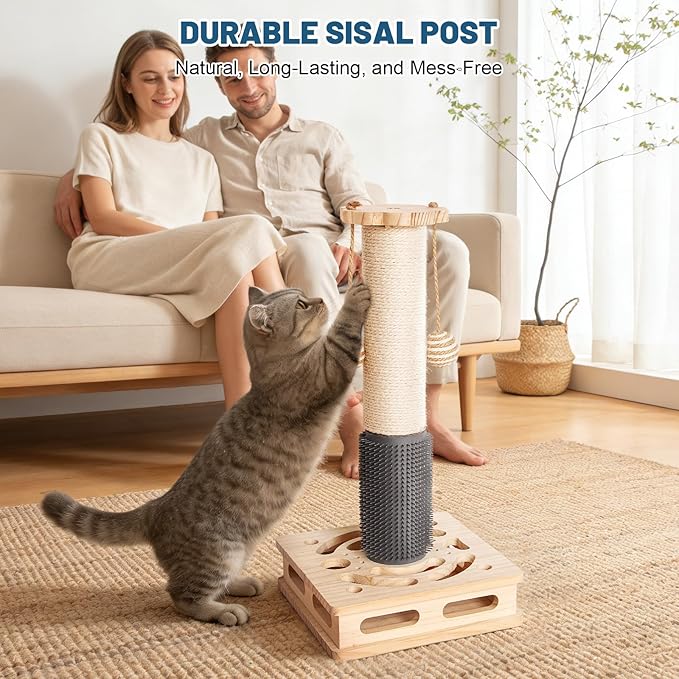 20.5 Inch Cat Scratching Post, 4-in-1 Interactive Maze Base with Cat Self Groomer, Natural Pine Wood & Premium Sisal Scratching Pole, Anti-Slip Detachable Design for Indoor Cats