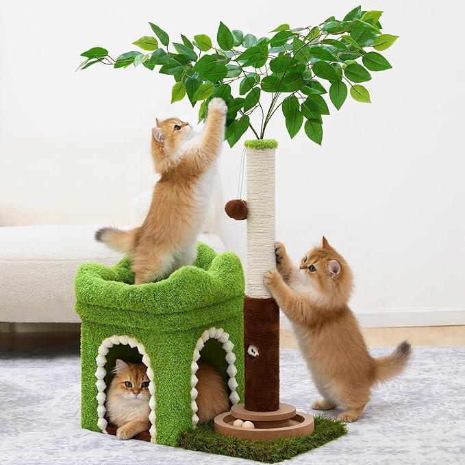 Woochpet Small Cat Tree with Scratching Post and Ball Track, Green Cat Tower with Lifelike Leaves for Kittens and Small Cats, 2-Door Cat Condo and Interactive Cat Toys for Indoor Cats