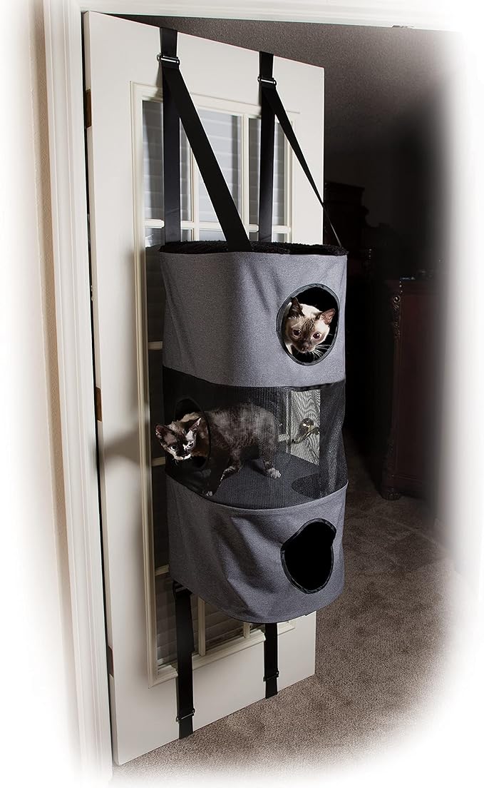 K&H Pet Products Hangin Cat Tree Condo 3 Level Door Mounted Cat Furniture, Space Saving, Mesh Level, Peep Holes, Interconnecting Levels, Collapsible, Tool-Free Assembly - Gray - Fits Doors <80in H
