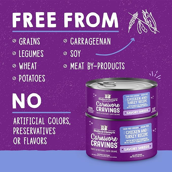 Stella & Chewy's Carnivore Cravings Savory Shreds - Wet Cat Food - High-Moisture Formula with Premium Real Meat - Perfect for Picky Eaters - Chicken & Turkey, 5.2 oz, 24 Count