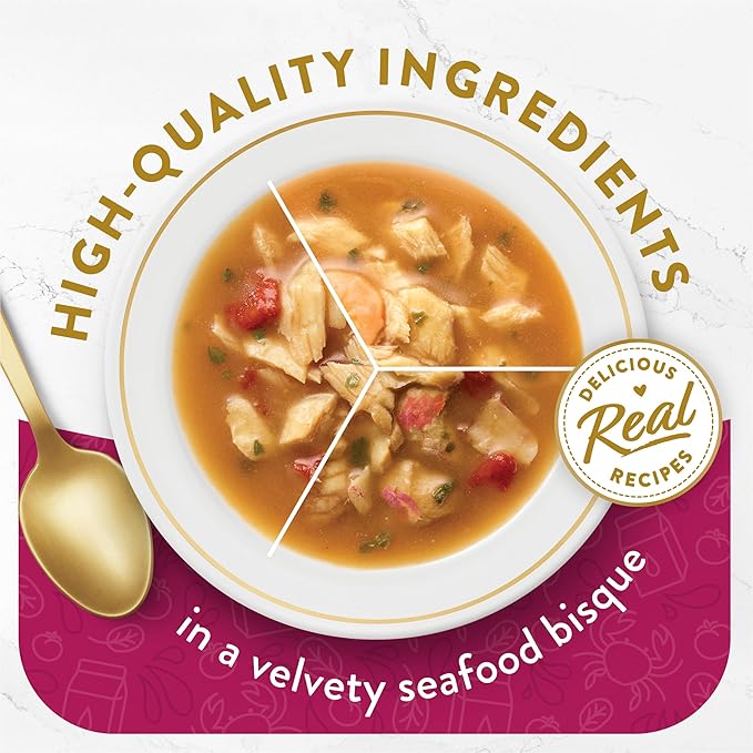 Purina Fancy Feast Broth Seafood Bisque Complement Variety Pack Gourmet Grain-Free Lickable Cat Food Topper, Pack of 12, 1.4 oz. Pouches