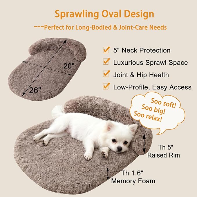 Orthopedic Dog Bed with Egg-Crate Base, Calming Dog & Cat Beds Long Plush with Raised Edges, Spine Friendly Pet Sleeping Mat for Small Medium Dogs, Machine Washable (Oval, Brown 26"x20")
