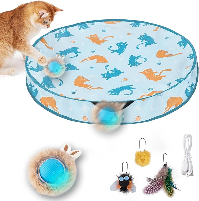 ZOMISIA Interactive Cat Toy Ball, Hide and Seek Cat Toys in Play Mat, Moving Rolling Kitten Toys for Indoor Bored Cats, Motion Activated Rechargeable Kitty Toys with 3 Tails/LED Light/Bird Chirping