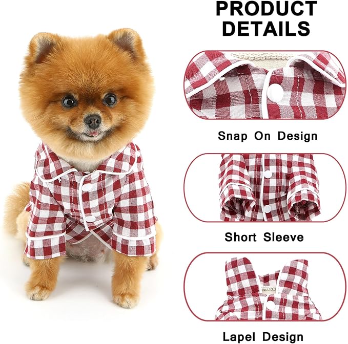 SMALLLEE_LUCKY_STORE Dog Pajamas for Small Medium Dogs Cats Soft Pet Sleepwear Shirts Comfortable Lapel Pjs Loungewear Clothes Bulldog Chihuahua Yorkie Two-Legged Outfit, Red, S