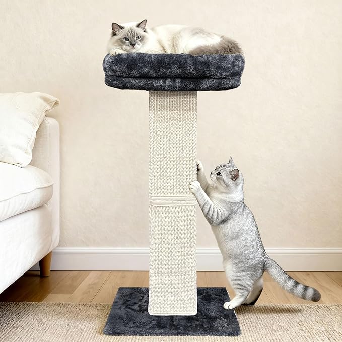 Cat Scratching Post, 32”Cat Scratcher with Large Plush Perch, Sisal & Carpet Scratching Post, Vertical Posts with Elevated Bed for Indoor Cats, Removable& Washable Cover, Dark Grey