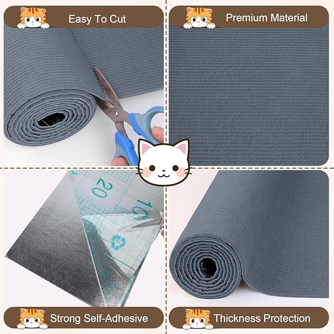 Cat Scratch Furniture Protector, 157.4"x15.8" Cat Scratching Mat, Trimmable Self-Adhesive Cats Claws Scratch Pads, DIY Carpet Mat Replacement for Cats Tree, Cats Wall Shelves, Grey