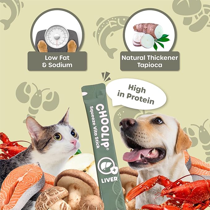 Choolip Squeeze Vita Stick Liver Support Lickable Cat and Dog Treats – 49-Count Salmon and Lobster Sticks with Milk Thistle, CoQ10 and Vitamin E – Box with 7 Pouches, Vet-Formulated