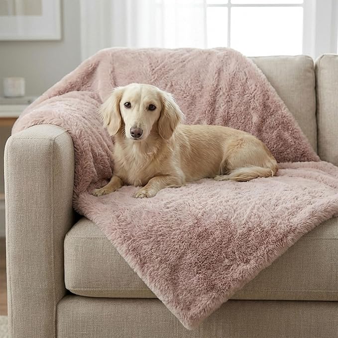 4 Cats & Dogs Pet Faux Fur Throw Blanket – Large 50"x60" Waterproof Dog Blanket, Washable Plush Throw for Cat and Dog, Leakproof Couch & Bed Furniture Protector, Ultra Soft Cozy Pet Blanket - Blush