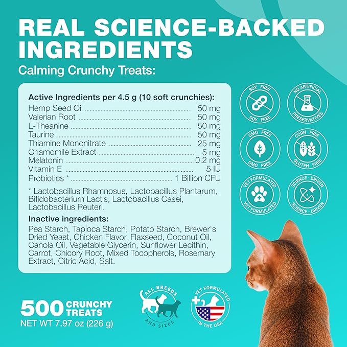 Cat Calming Treats - 500 Crunchy Calming Cat Treats with Melatonin for Cats Valerian Root L-Theanine Taurine & Probiotics - Cat Vitamins and Supplements for Stress Anxiety Relief All Breeds