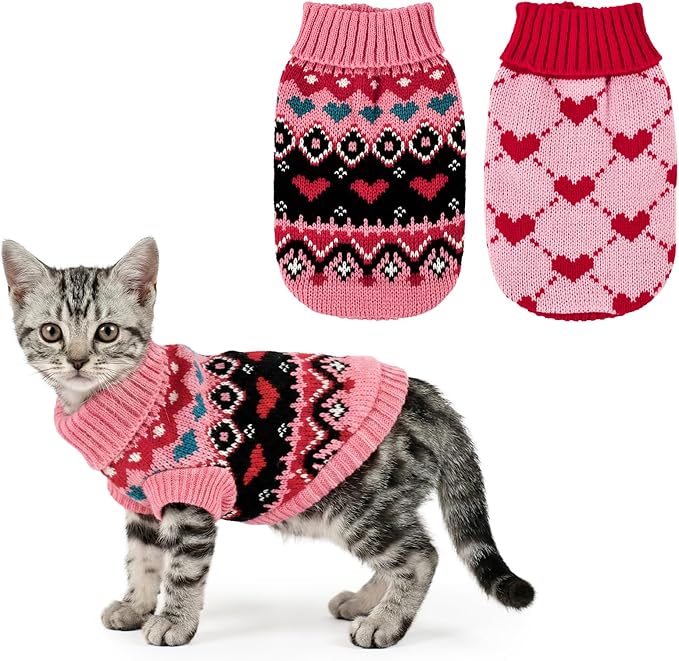 2PCS Valentine’s Day Cat Sweaters Heart-to-Heart Pattern Knitted Clothes Love-Themed Pink Geometric Stripe Dog Knitwear Festival Puppy Outfits for Puppies Kittens M