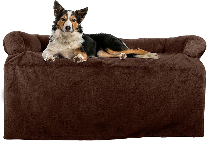PETMAKER Couch Cover for Dogs Washable - 36x36in Plush Dog Couch Cover Protector for Medium Pets - Washable Pet Furniture Protector with Foam Bolster and Non-Slip Bottom - Puppy Essentials (Brown)