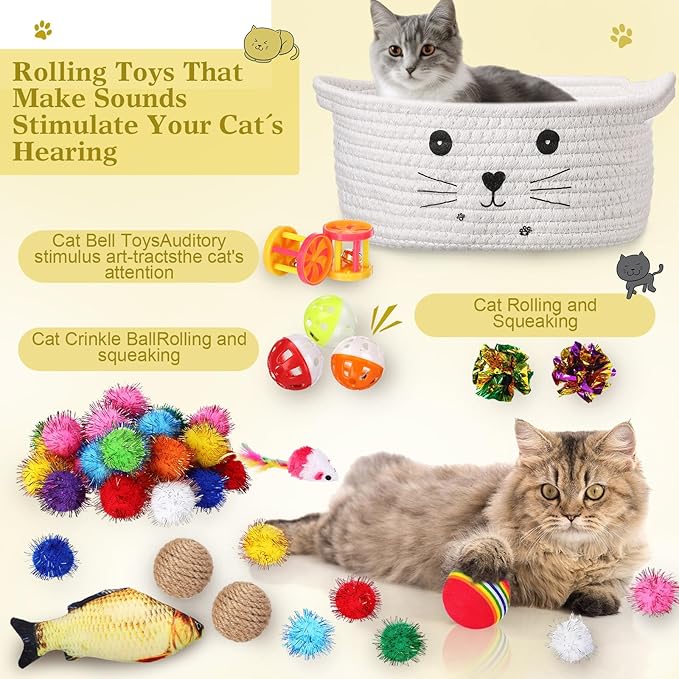 Zopeal 58 Pcs Summer Graduation Cat Storage Basket Gift Toys Set, Colorful Flashing Balls Pet Bell Crinkle Balls Spring Toys Attract Cat to Swat, Hunt, Interactive for Pet(White,9.8 Inch)