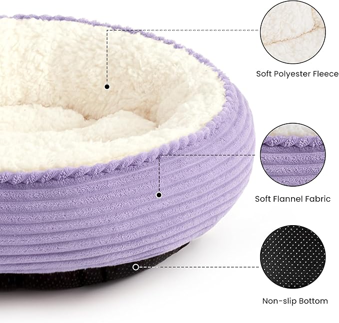 Love's cabin Round Donut Cat and Dog Cushion Bed, 25in Pet Bed for Small or Medium Dogs, Anti-Slip & Water-Resistant Bottom, Soft Durable Fabric Pet Beds, Washable Calming Cat Bed Lavender Stripe