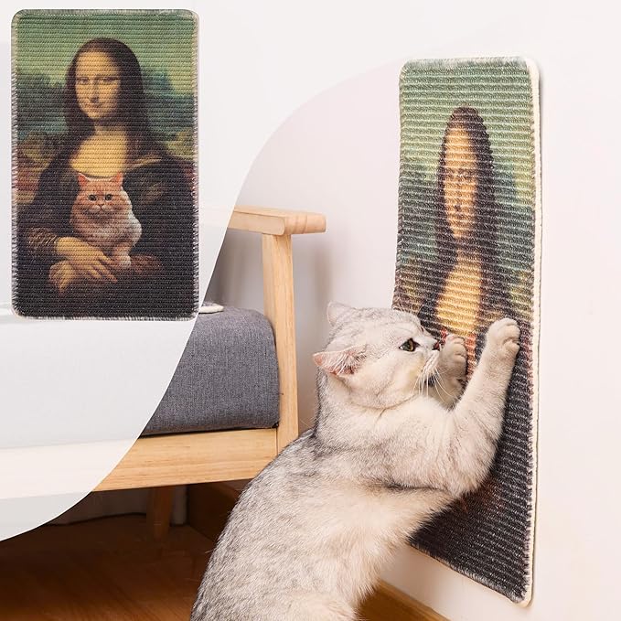 Furrther Sisal Cat Scratcher Mat (Use on Wall, Couch and Carpet), Durable and Shedding-Resistant Cat Scratching Surface - 21.7x13 inch with Adhesive Pads and Twist Pins (Monalisa and The Cat)