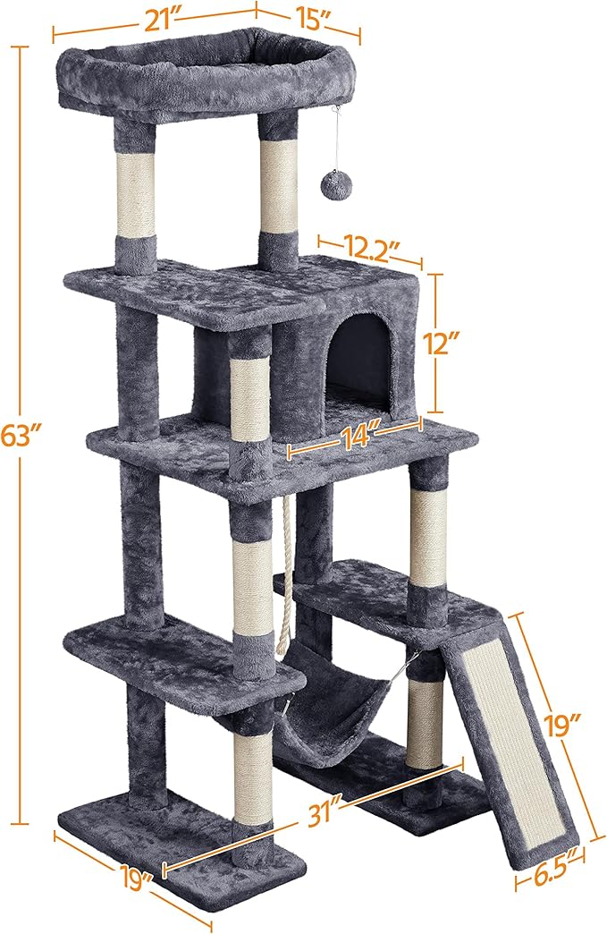 Topeakmart 63in Cat Tree, Large Cat Tower Furniture with Cat Condo, Padded Platform & Sisal-Covered Scratching Post, Stable Cat Tower Pet Play House
