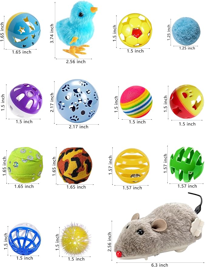 31 Pcs Interactive Cat Toy Balls Set for Indoor Kitten, Fun Chase Play Toys with Bell Balls (1.5'' - 6.3'')