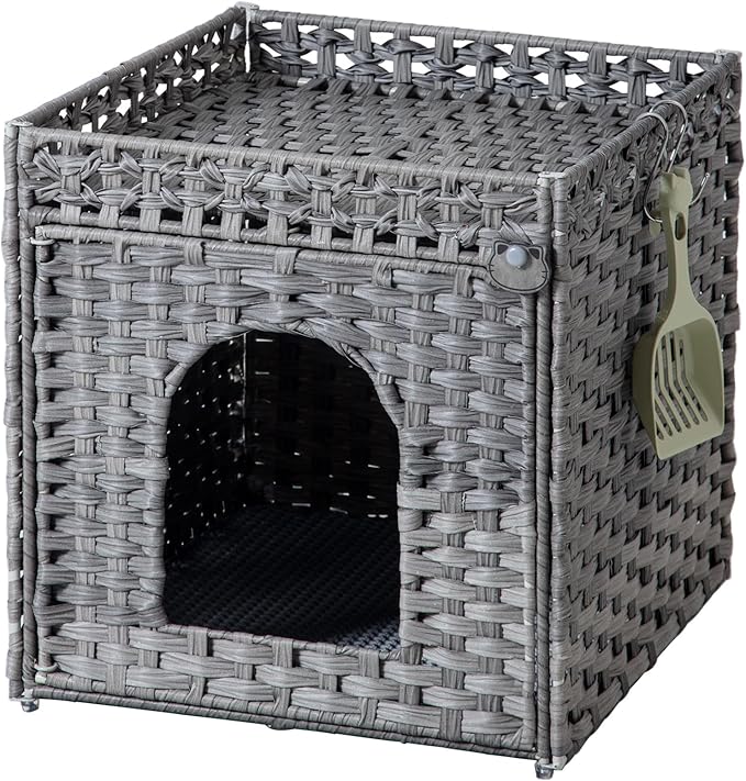 SETVSON Cat Litter Enclosure with Hidden Litter Mat and Rattan Cat House, Supports Two Litter Boxes, Ideal for Living Room or Bedroom (Gray)