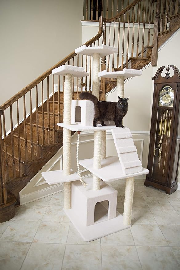 Armarkat B8201 Classic Real Wood Cat Tree in Ivory, Multi Levels with Ramp, Three Perches, Rope Swing, Two Condos