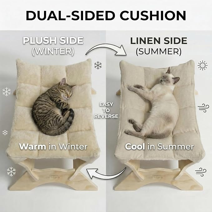 JSPYFITS Elevated Cat Bed Hammock, Raised Orthopedic Dog Bed with Dual-Sided Plush & Linen Cushion, Modern Cat Furniture for Medium to Large Cats, Easy Assembly(Beige)