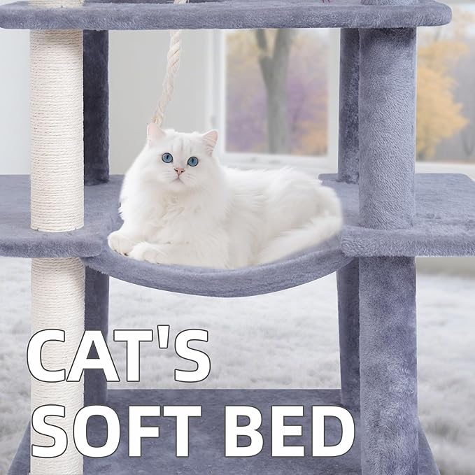 AIWIKIDE Big Cat Tree, Cat Tower with Multi-Level Condo, Hammocks, Rotating Toy (Grey, 63.4'')