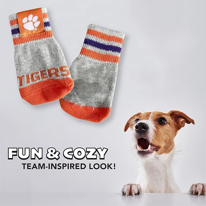 NCAA Clemson Tigers Anti Slip Dog Socks with Elastic Ribbed Top, Size X-Small/Small. Indoor/Outdoor Socks, Best Dog Paw Protector, 2 Pairs of Pet Socks with Your Favorite Collegiate Sports Team