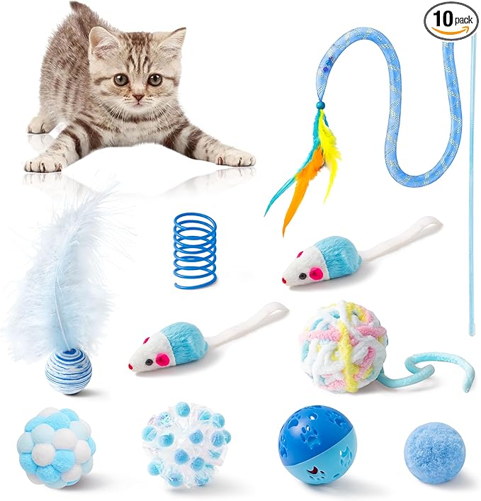 MALLMALL6 Cat Toy Set Interactive Cat Toys 10Pcs Pack Including Cat Springs Feather Teaser Wand Mice Crinkle Balls and Pet Bell Balls, Puzzle Interactive Pet Gift Pack Toys for Indoor Kitten (Blue)