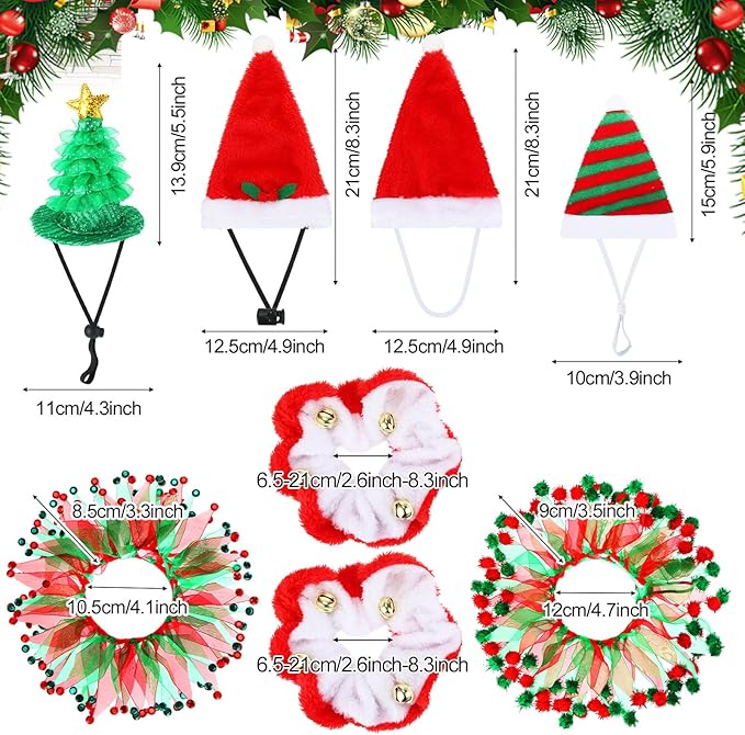 Abbylike 8 Pcs Cat Christmas Costume Suit Tutu Collar and Green Shiny Hat Outfit Santa Christmas Cat Collar with Bell Hat and Collar Kitten Outfit Clothing for Puppy Dog Gift