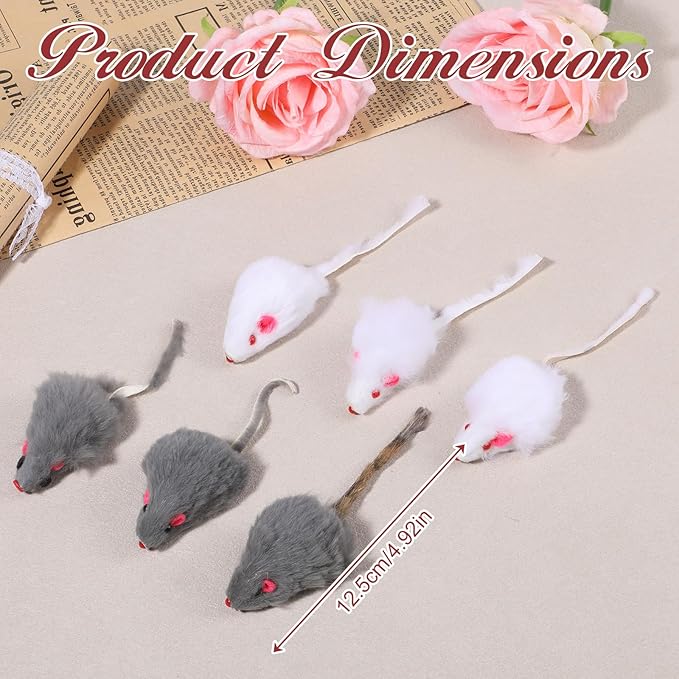 Vin Beauty 5 Pcs Faux Fur Rattle Mouse Cat Toy White and Gray Mice Animal Toy Realistic Fuzzy Toys Interactive Cat Toys Pet Supplies