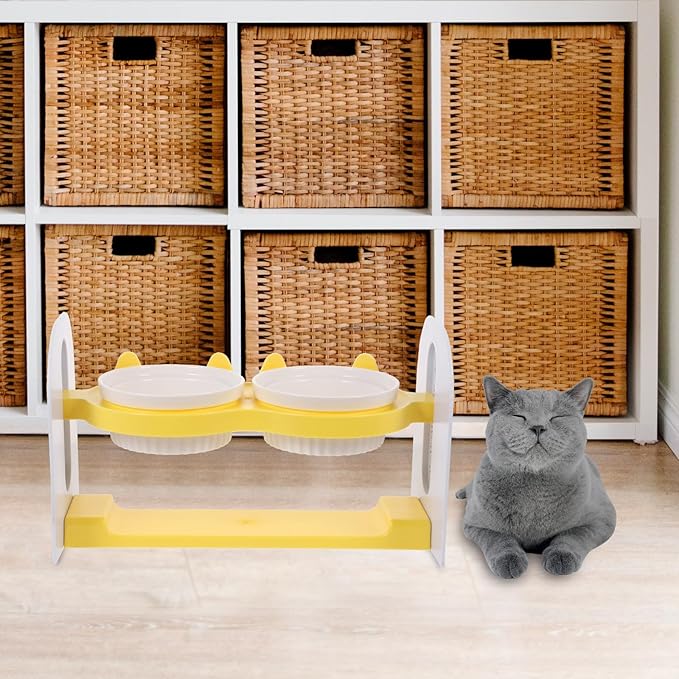 Ceramic Raised Cat Bowl Set Adjustable Height and Tilt, Yellow Non-Slip Floor Pet Bowls for Dogs and Cats, Sturdy Reusable Feeding and Watering Station