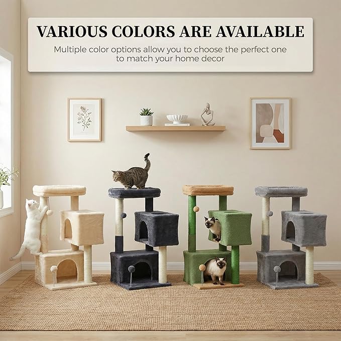 32" Cactus Cat Tree Tower for Indoor Cats - 2 Cozy Condos, Multi-Level Cat Scratching Posts with Sisal, Soft Padded Perch, 2 Dangling Toys, Green