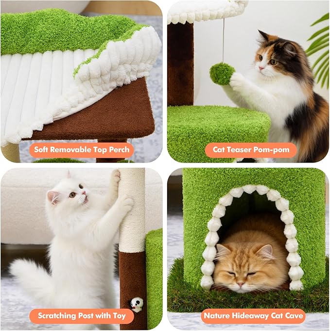Woochpet Multi-Level Cat Tree with Sisal Scratching Post, Small Cat Tower with Cozy Condo, Soft Top Perch and Interactive Toy Mouse, Cute Forest Design Cat Furniture for Indoor Cats and Kittens