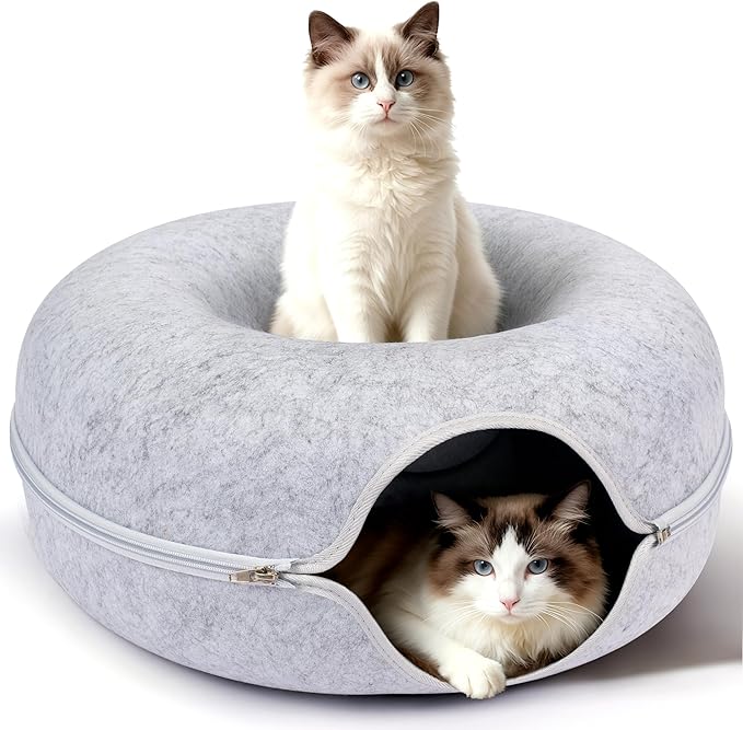 Peekaboo Cat Cave Bed for Indoor Cats, Scratch-Resistant Cat Donut Tunnel for Multiple & Large Cats, Detachable Round Cat Hideaway for Playing, Sleeping and Hiding