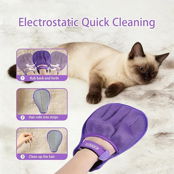 VINGER Pet Hair Removal Glove for Cats & Dogs, Electrostatic Pet Hair Gloves with Adjustable Wristband, Five-Finger Magic Brush Remover Tool for Laundry, Carpet, Couch, Car Seats & Clothing (Purple)