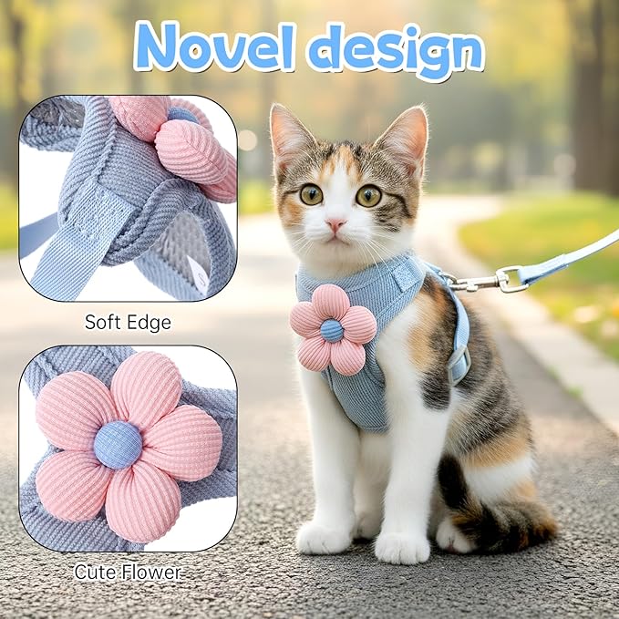 Cat Harness and Leash Set, Escape Proof Safe Kitten Vest Harnesses Adjustable Comfy Breathable Soft Mesh Step-in Jacket with Flower for Small Pet Kitty Puppy Dogs Bunny Walking