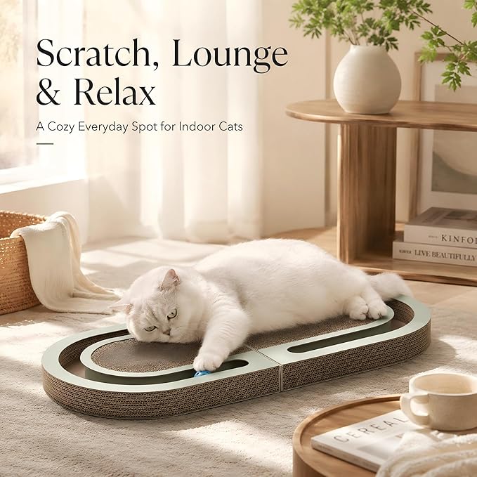 Interactive Cat Scratcher Lounge for Indoor Cats, 26" Large Foldable Cat Scratcher with Ball Track, Double-Sided Corrugated Cat Scratch Pad Bed for Scratching, Playing, Lounging & Relaxing