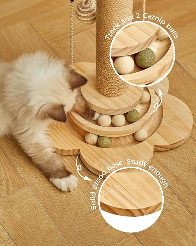 Cat Scratching Post for Kittens, 4 in 1 Wooden Cat Scratcher Toy, 17.7" Tall Scratch Post with 2 Level Cat Track Balls, Interactive Feather Toy and 2 Sisal Hanging Balls for Indoor Kittens