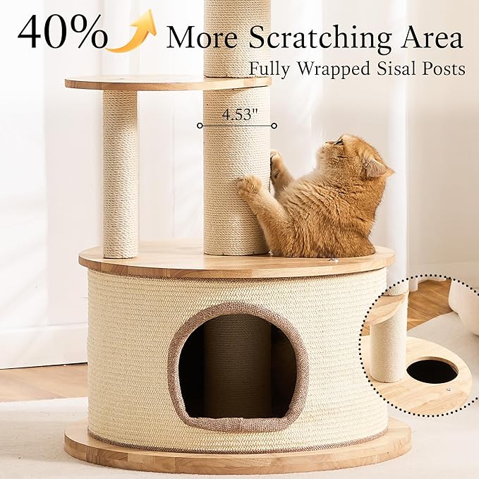 797Audio Modern Wood Cat Tree Tower, 64" Cat Tree with Sisal Scratching Posts, Condo, Capsule, Hammock for Indoor Cats, Solid Rubber Wooden Cat Tree, Multi-Level Tree for Large Adult Cat
