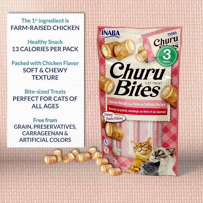 INABA Churu Bites for Cats, Soft/Chewy Baked Chicken Wrapped Churu Filled Cat Treats with Vitamin E, 0.35 Ounces per Tube, 18 Tubes Total (3 Tubes per Pack), Tuna Recipe