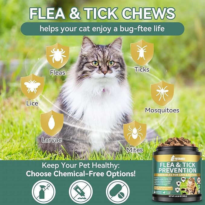 Natural Flea Treatment for Cats Chewables, 200 Soft Treats Flea and Tick Prevention for Cats, Oral Flea Supplement for Kitten Cat, Cat Flea and Tick Treatment, Skin & Coat Support - All Breeds & Ages