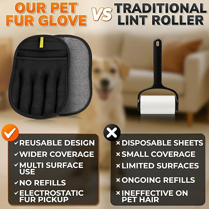 Cat Hair Remover Glove – Electrostatic Five-Finger Fur Remover for Cats & Dogs, Reusable Polyester 9.25"x6.69" for Couch, Carpet, Car Seat, Furniture & Clothing, Quick Pick-Up for Simple Tidying