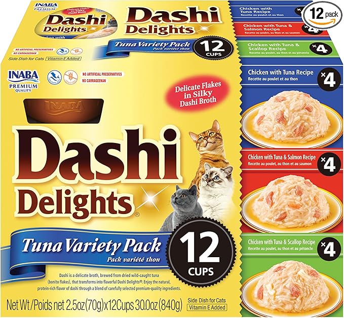 INABA Dashi Delights for Cats, Shredded Tuna Side Dish with Bonito Flake Broth, Cat Food Complement with Taurine & Green Tea Extract, 2.5 Ounce Cup, 12 Cups Total, Tuna Variety