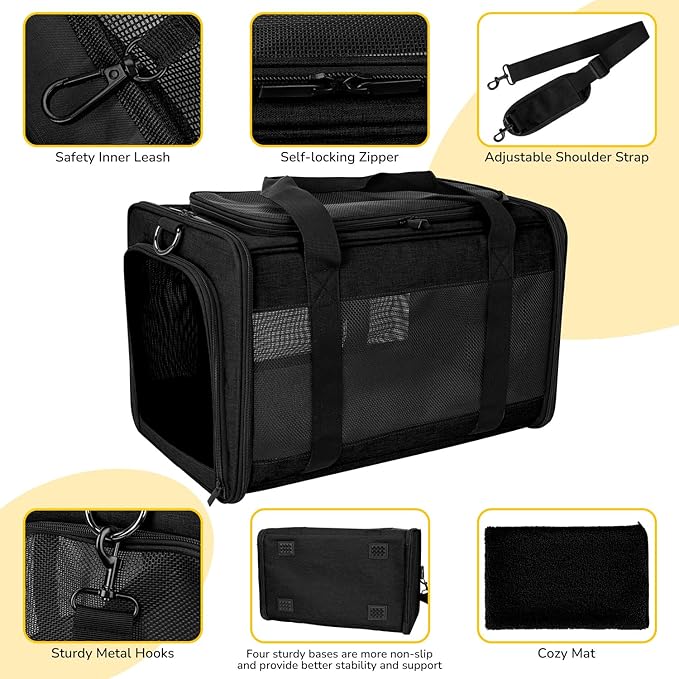 Hipubby Cat Carrier Dog Carrier for Pets Up to 16 Lbs, Soft-Sided Pet Travel Carrier for Cats and Small Dogs, Airline Approved Pet Carrying Case with Shoulder Strap & Removable Mat - Black